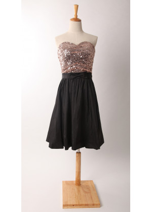 Folded Rose Gold Sequin Black Taffeta Short Bridesmaid Dress